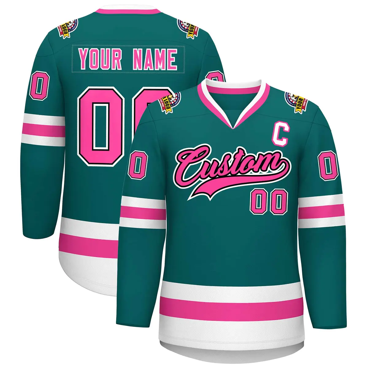 Teal Pink Black-White Classic Hockey Jersey