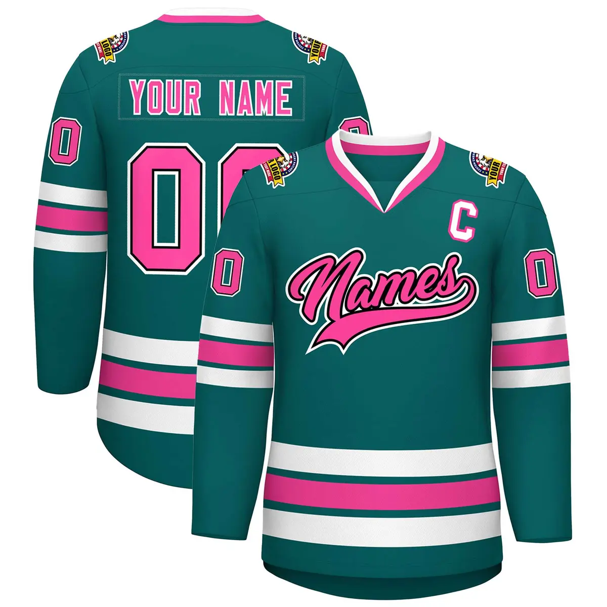 Teal Pink Black-White Classic Hockey Jersey