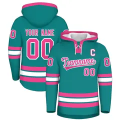 Teal Pink Lace-Up Neck Hockey Hoodie 1