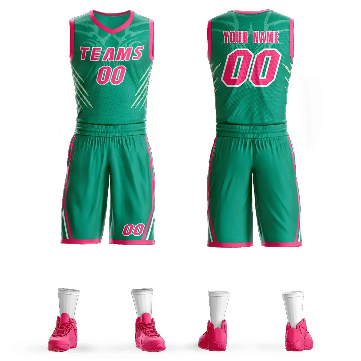 Teal Pink-White Graffiti Claw Pattern Sets Basketball Jersey