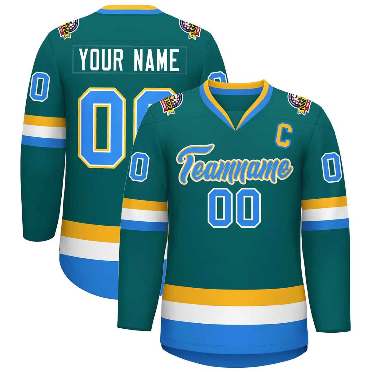 Teal Powder Blue White-Gold Classic Style Hockey Jersey
