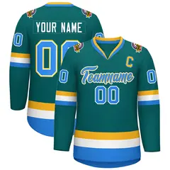Teal Powder Blue White-Gold Classic Style Hockey Jersey 1