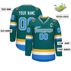 Teal Powder Blue White-Gold Classic Style Hockey Jersey 2