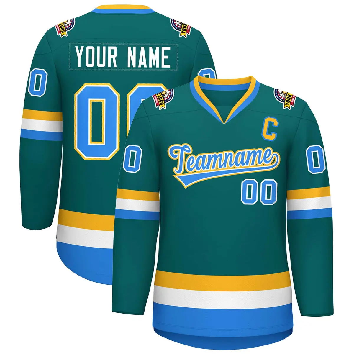 Teal Powder Blue White-Gold Classic Style Hockey Jersey