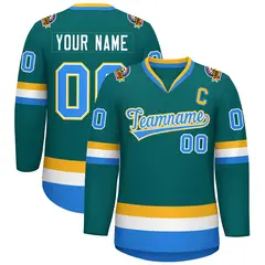 Teal Powder Blue White-Gold Classic Style Hockey Jersey 1
