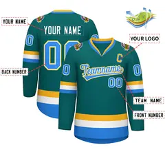 Teal Powder Blue White-Gold Classic Style Hockey Jersey 2