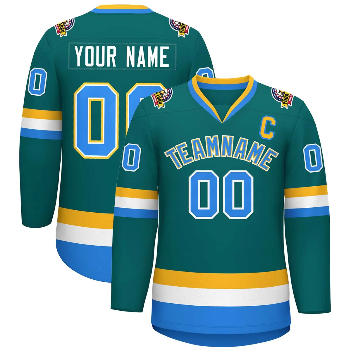 Teal Powder Blue White-Gold Classic Style Hockey Jersey