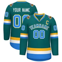 Teal Powder Blue White-Gold Classic Style Hockey Jersey 1