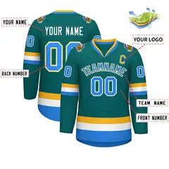 Teal Powder Blue White-Gold Classic Style Hockey Jersey 2