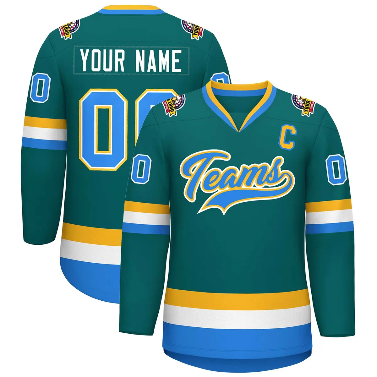 Teal Powder Blue White-Gold Classic Style Hockey Jersey