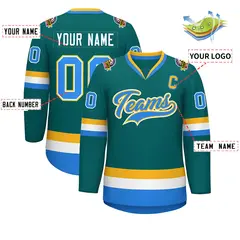 Teal Powder Blue White-Gold Classic Style Hockey Jersey 2
