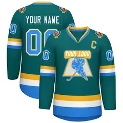 Teal Powder Blue White-Gold Classic Style Hockey Jersey 1