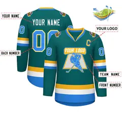 Teal Powder Blue White-Gold Classic Style Hockey Jersey 2