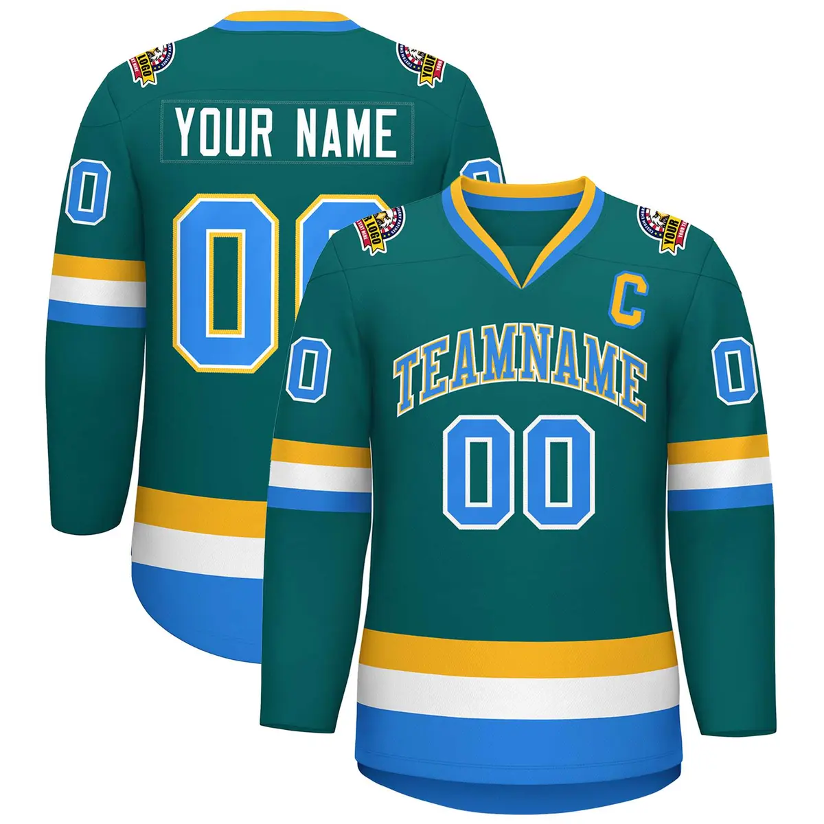 Teal Powder Blue White-Gold Classic Style Hockey Jersey