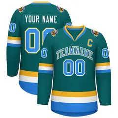 Teal Powder Blue White-Gold Classic Style Hockey Jersey 1