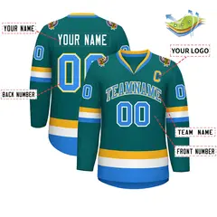 Teal Powder Blue White-Gold Classic Style Hockey Jersey 2