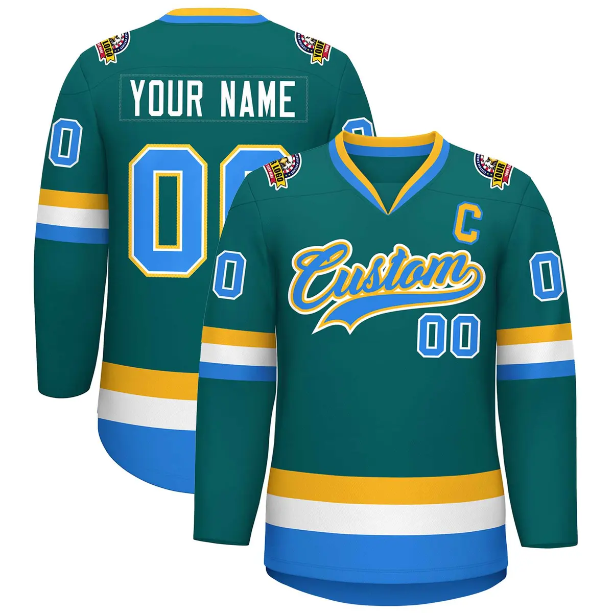 Teal Powder Blue White-Gold Classic Style Hockey Jersey
