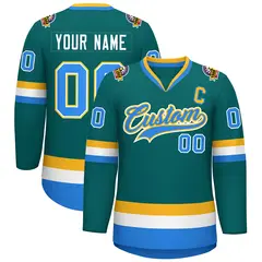 Teal Powder Blue White-Gold Classic Style Hockey Jersey 1