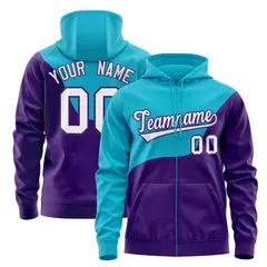 Teal Purple Color Block Wave Full-Zip Varsity Letterman Hoodie