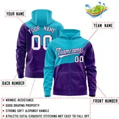 Teal Purple Color Block Wave Full-Zip Varsity Letterman Hoodie 4