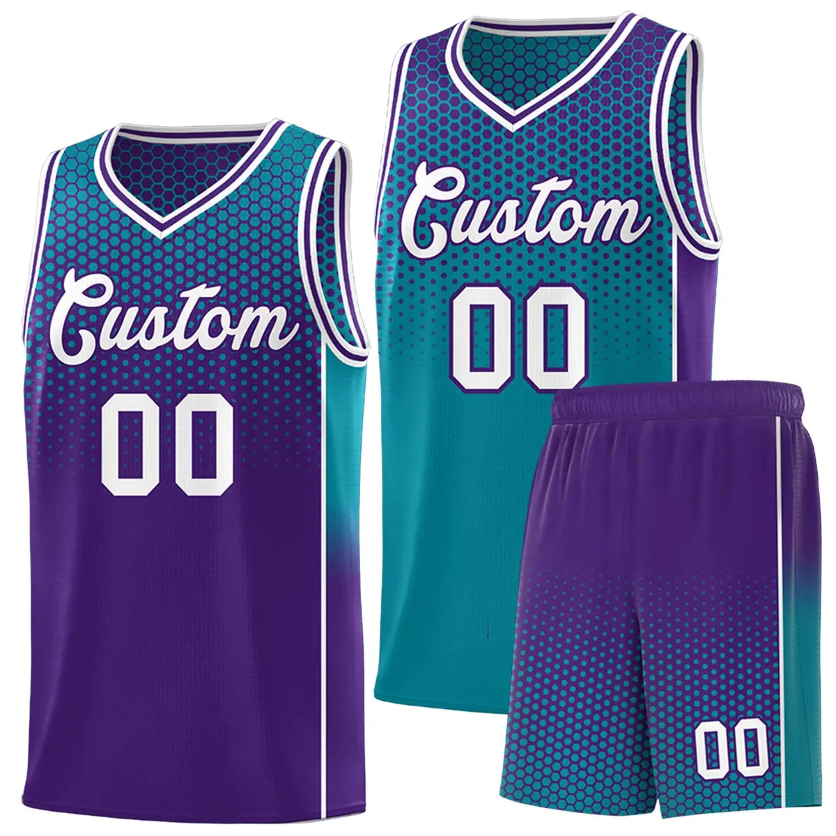 Teal Purple Dot Pattern Side Gradient Reversible Basketball Jersey Kits