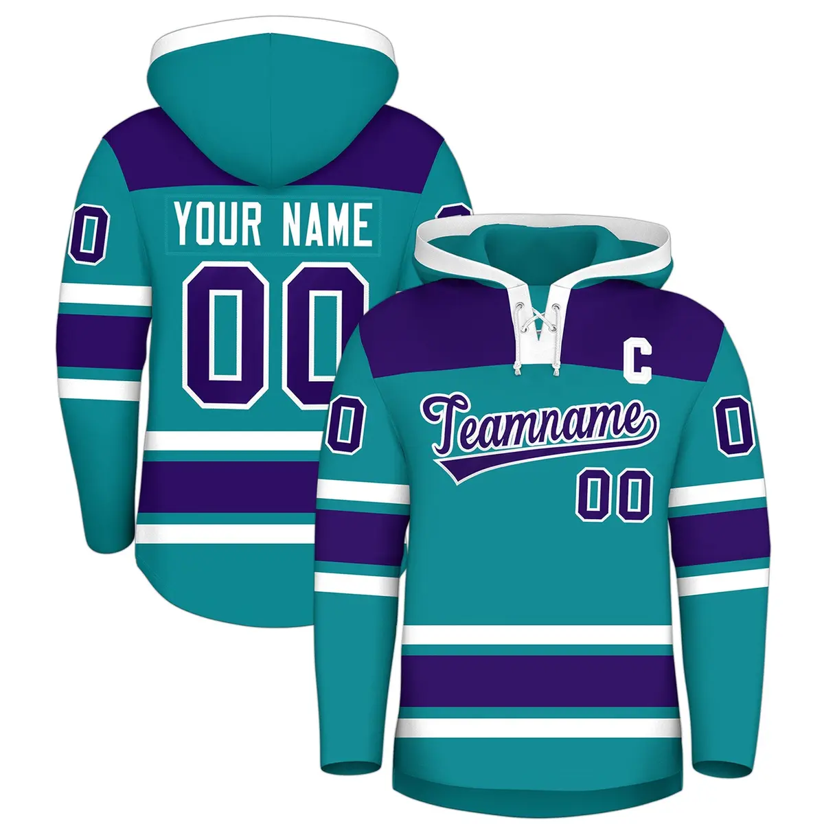 Teal Purple Lace-Up Neck Raglan Hockey Hoodie Jersey