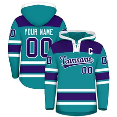 Teal Purple Lace-Up Neck Raglan Hockey Hoodie Jersey 1
