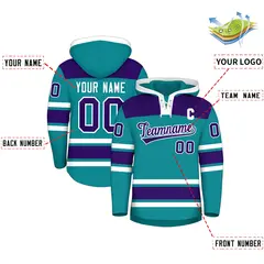 Teal Purple Lace-Up Neck Raglan Hockey Hoodie Jersey 2