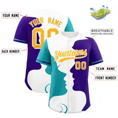 Teal Purple White Couple Silhouettes Valentine's Baseball Jersey 3