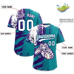 Teal Purple White Full-Snap Tiger Graffiti Baseball Jersey 2