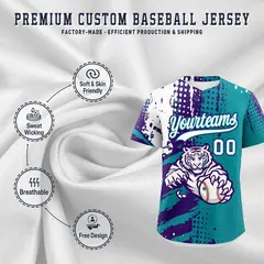 Teal Purple White Full-Snap Tiger Graffiti Baseball Jersey 3