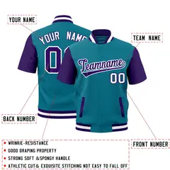 Teal Purple White Short Sleeve Full-Snap Varsity Jacket 2