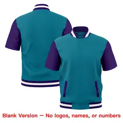 Teal Purple White Short Sleeve Full-Snap Varsity Jacket 7