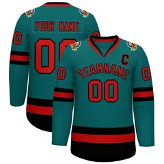Teal Red-Black Classic Hockey Jersey 1