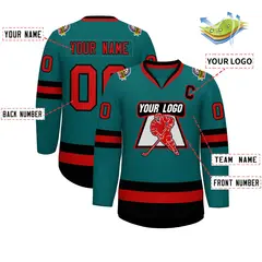 Teal Red-Black Classic Hockey Jersey 2