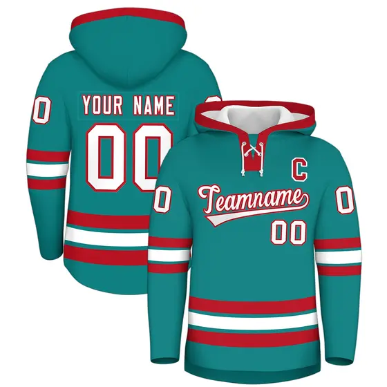 Teal Red Lace-Up Neck Hockey Hoodie