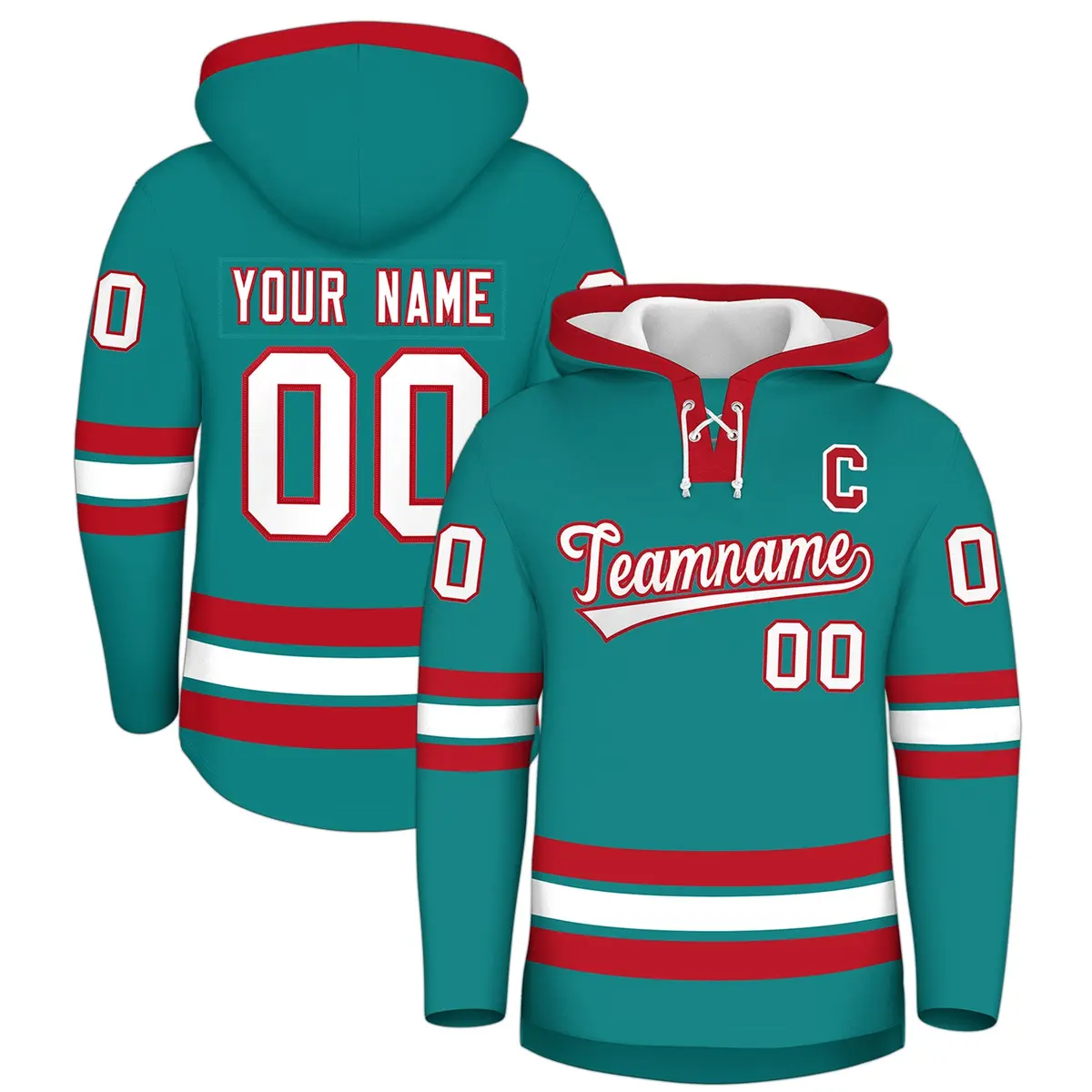 Teal Red Lace-Up Neck Hockey Hoodie