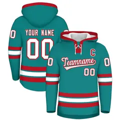 Teal Red Lace-Up Neck Hockey Hoodie 1
