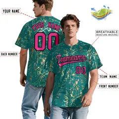 Teal Rose Red Black & Gold Marble Print Baseball Jersey 2