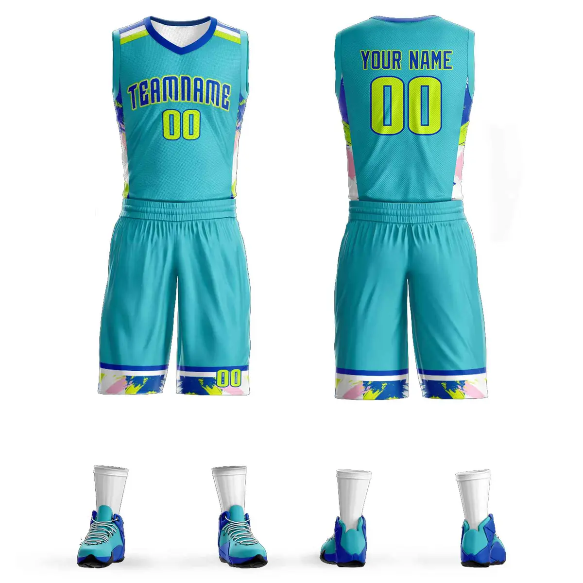 Teal Royal-White Graffiti Pattern Basketball Jersey