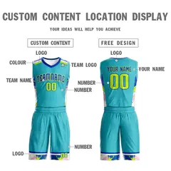 Teal Royal-White Graffiti Pattern Basketball Jersey 3