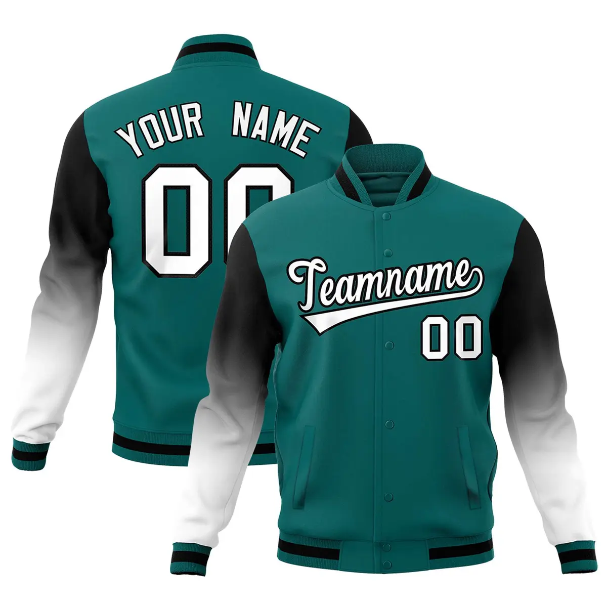 Teal White Black Gradient Raglan Full-Snap Letterman Jacket