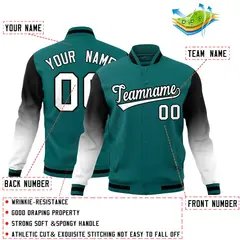 Teal White Black Gradient Raglan Full-Snap Letterman Jacket 2
