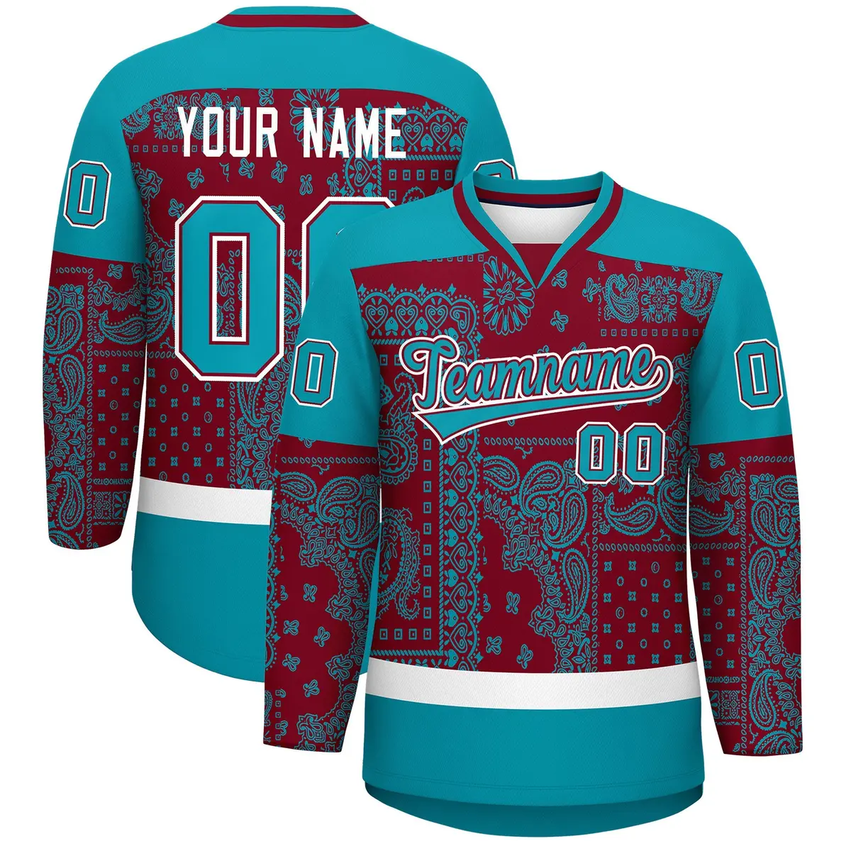 Teal White Crimson Cashew Flower Graffiti V-Neck Hockey Jersey