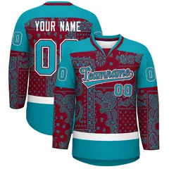 Teal White Crimson Cashew Flower Graffiti V-Neck Hockey Jersey