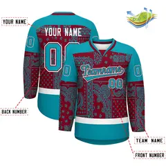 Teal White Crimson Cashew Flower Graffiti V-Neck Hockey Jersey 2