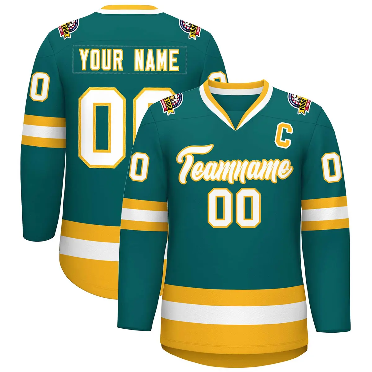 Teal White-Gold Classic Hockey Jersey