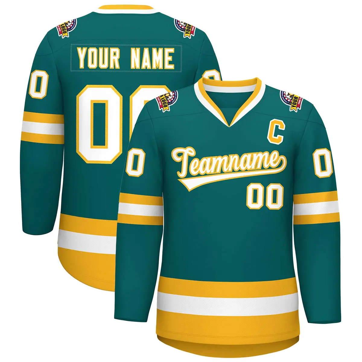 Teal White-Gold Classic Hockey Jersey