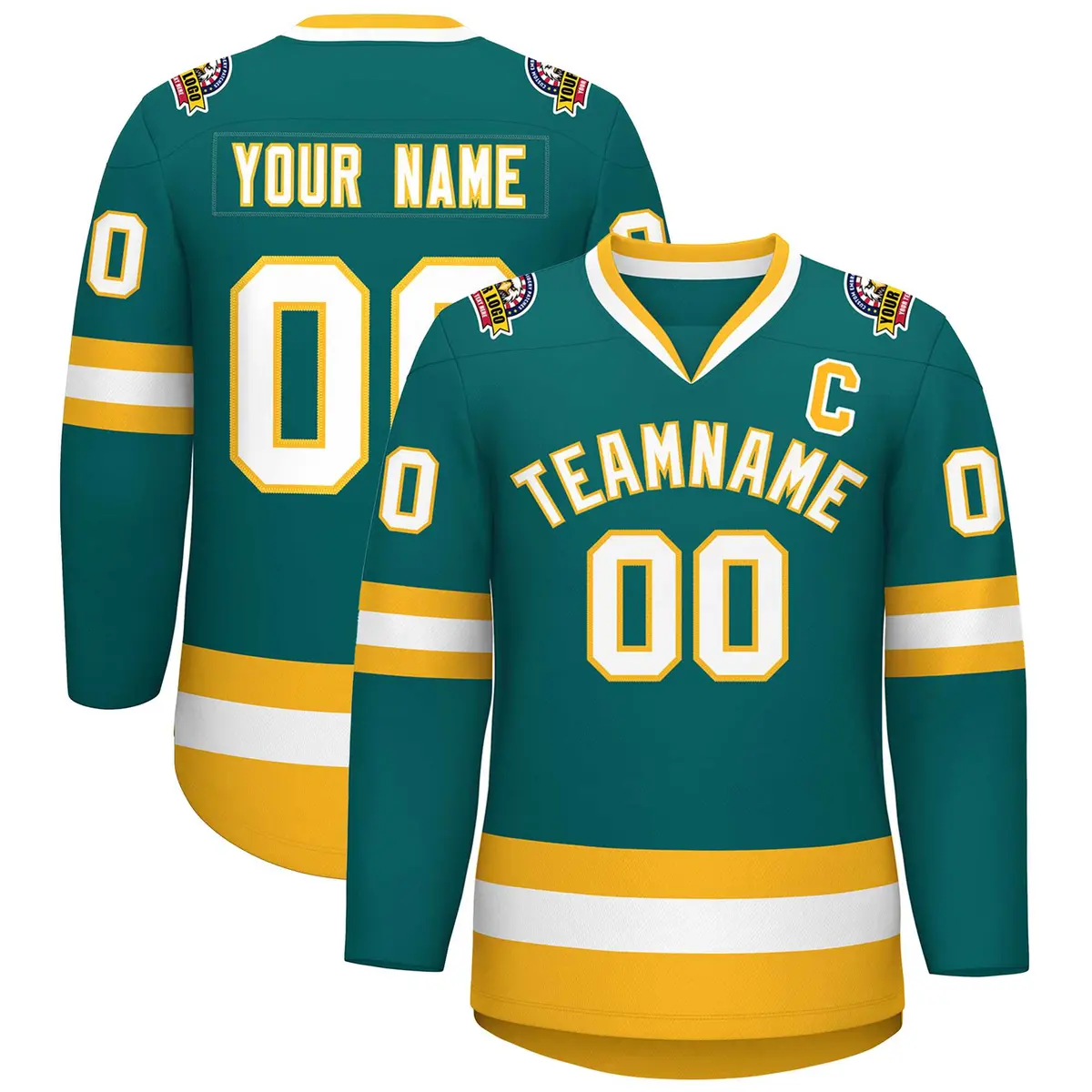 Teal White-Gold Classic Hockey Jersey