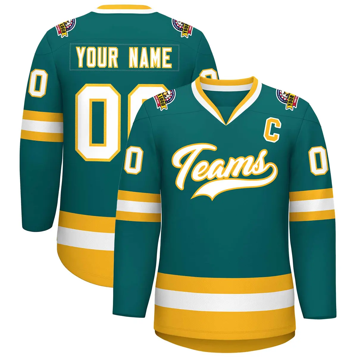Teal White-Gold Classic Hockey Jersey